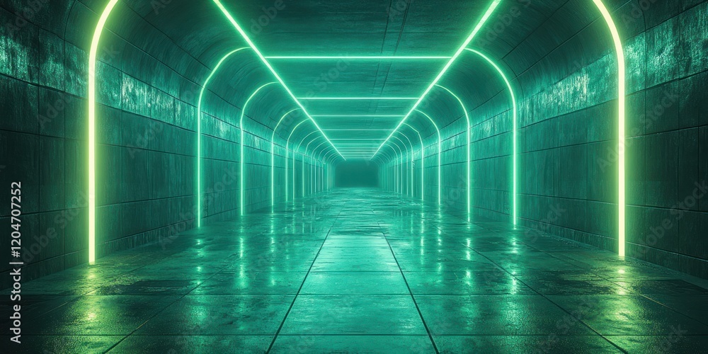 Poster futuristic neon tunnel cyberpunk corridor dark space with dramatic lighting and geometric patterns