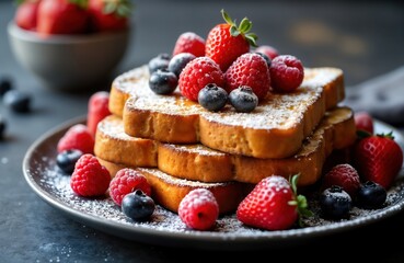 Delicious stack of french toast topped with fresh berries, powdered sugar. Sweet, golden-brown slices of french toast piled high. Ripe raspberries, blueberries artfully arranged on top. Light dusting