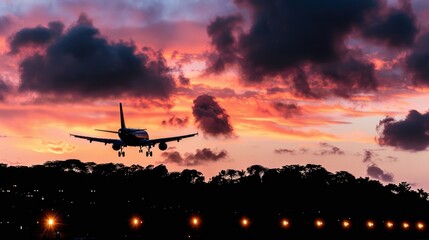 Airplane Landing at Sunset: A Dramatic Silhouette Against Vibrant Skies
