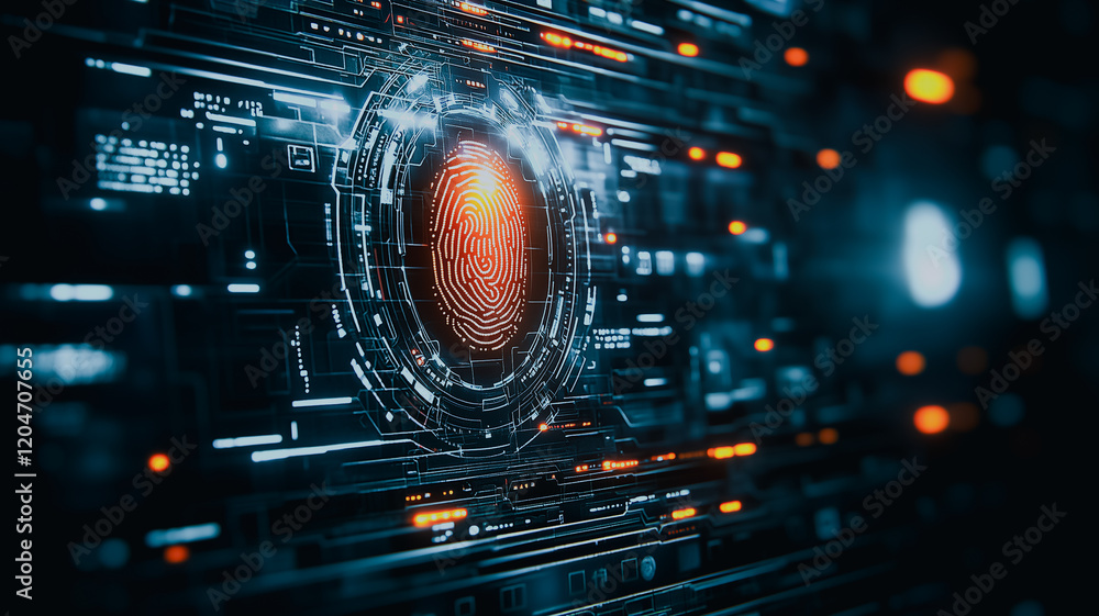 Poster fingerprint security: a futuristic fingerprint scan on a digital interface. orange light emanates fr