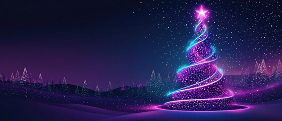 A Neon Christmas Tree Glows Brightly In Winter Wonderland