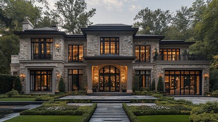 Luxurious Stone Mansion at Dusk