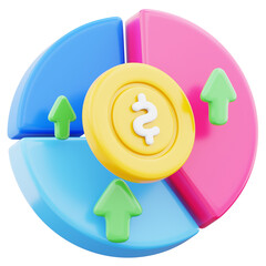 Finance growth graph pie chart with dollar coin 3d render icon illustration. Concept of business growth strategy. Data analytics report illustration image