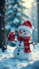Fototapeta premium Snowman holds a small gift box in the snowy forest near a pine tree, , frosty, snowflakes