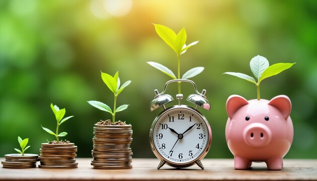 Money grows like plants. Stacks of coins with small plants. Clock, piggy bank next to stacks. Financial growth. Savings. Time management. Long-term investment. Inflation. Concept for investment