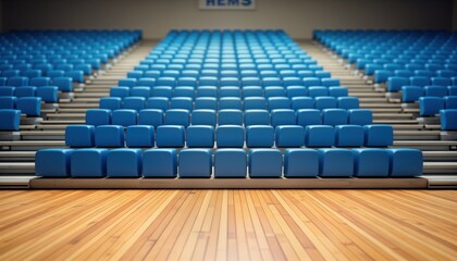 Naklejka premium Empty blue bleachers in indoor arena. Spacious gym seating area ready for event. Wooden floor under seats. Symmetrical structure. Great for sports. Potential for basketball volleyball game. Sport