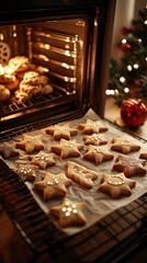 Star shaped Christmas cookies baking in oven
