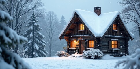 Naklejka premium Snowflakes gently falling on a wooden cottage roof, snow, cottage