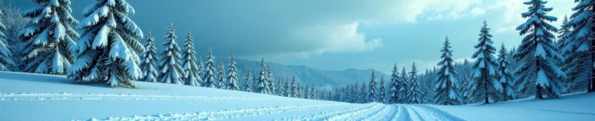Fototapeta premium Snowy forest landscape with bare trees against blue background, green, landscape, nature