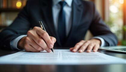 Businessman reviews financial contract details carefully. Meticulously examines paperwork before signing. Reads agreement terms. Professional analyzing document validity inside office setting. Man in