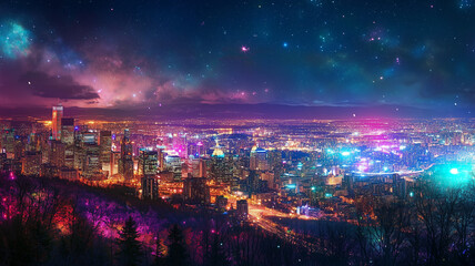 Obraz premium stunning night view of a bustling city skyline with lit-up skyscrapers, glowing streetlights, and busy traffic,