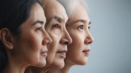 Three women of different ages in profile view, showcasing the natural aging process.