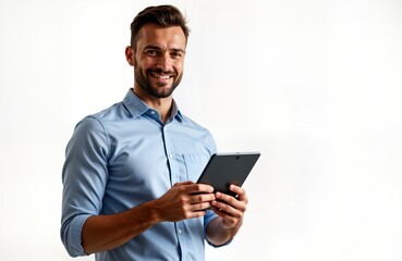 Handsome businessman stands confidently holding tablet. Modern professional male in light blue shirt looks directly at camera. Seems engaged in reviewing data creating sales pitch. Business