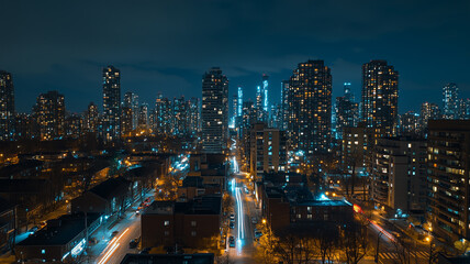 Fototapeta premium stunning night view of a bustling city skyline with lit-up skyscrapers, glowing streetlights, and busy traffic,