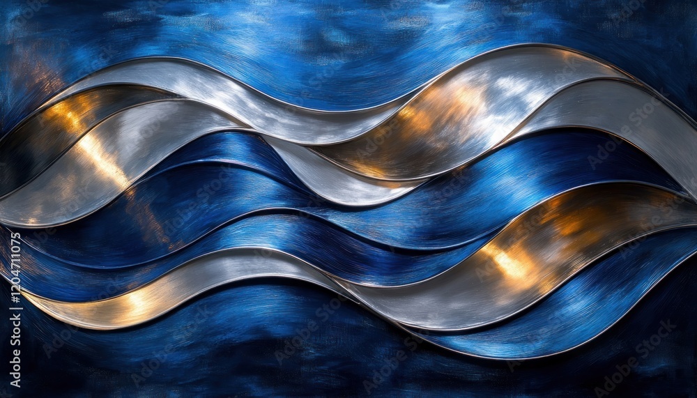 Poster modern abstract artwork with metallic stripes and soft lighting in blue and silver color palette