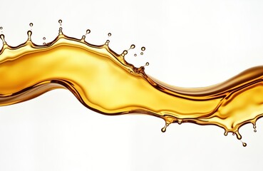 Golden liquid splashes, flows in smooth wave pattern against white background. Fluid motion, elegant curves of liquid create visually appealing abstract design. Isolated image perfect for various