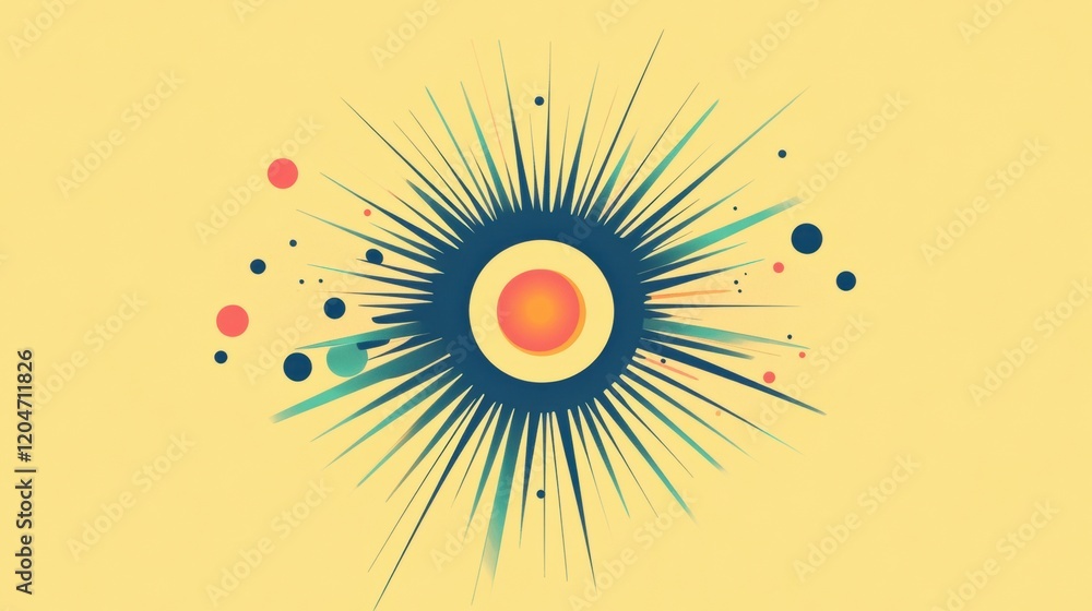 Poster colorful abstract sunburst design with radiating lines and scattered dots on a bright background. ge