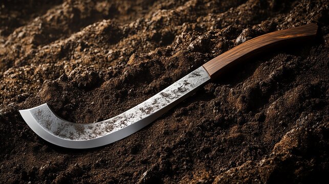 Rustic machete with wooden handle on textured dark soil background.