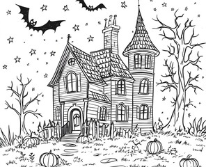 Obraz premium Spooky Halloween Haunted House With Bats And Pumpkins
