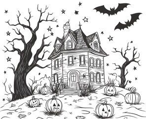 Haunted House Halloween Scene With Pumpkins And Bats