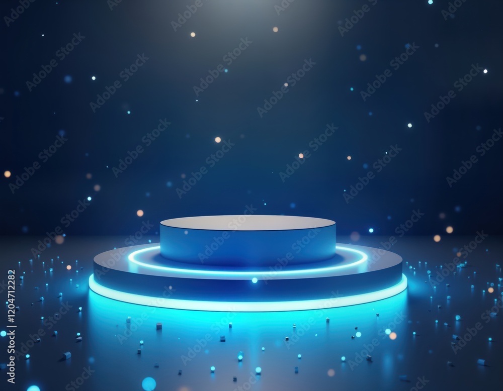 Fototapete futuristic digital product display. empty podium with neon blue light. dark blue background with gli