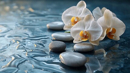 Fototapeta premium White orchids and grey stones on wet surface.