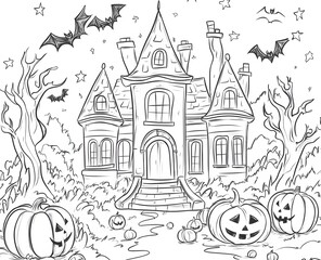 Haunted House Halloween Scene With Bats Pumpkins And Stars