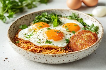 A plate of eggs cheese and hash browns against a light backdrop with selective focus