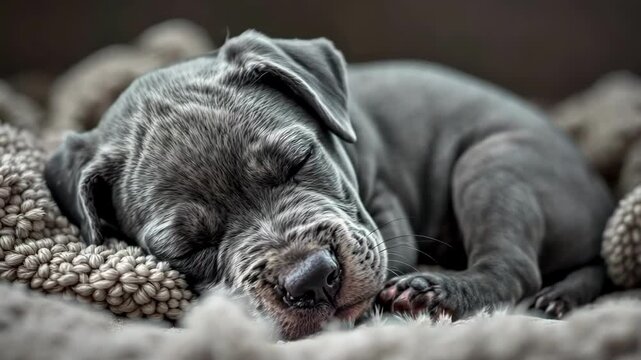 A sleeping cane corso puppy resting peacefully on a cozy blanket.