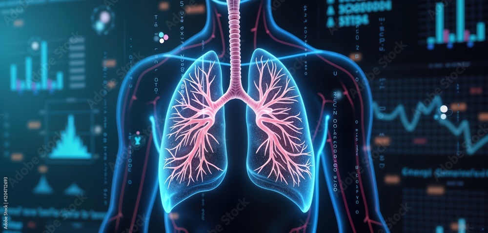 Poster futuristic medical tech visualization of lungs. detailed anatomy displayed virtually. advanced diagn