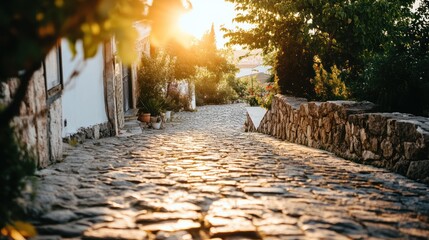 Golden Hour Cobblestone Street in a Picturesque Village