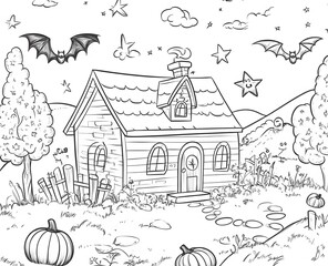 Halloween Cottage Scene With Bats Pumpkins And Stars