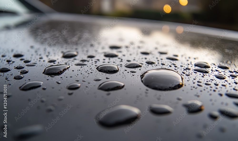 Wall mural Raindrops on Dark Car Surface Closeup View