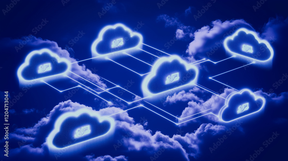 Poster interconnected cloud network: a stylized depiction of a cloud network, emphasizing connectivity and 