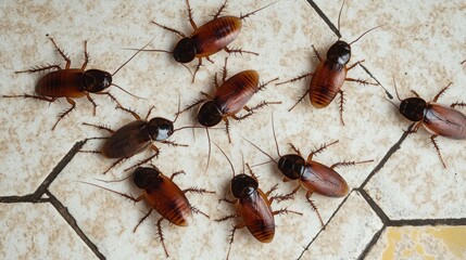 Close-up of several brown cockroaches on a tiled floor.