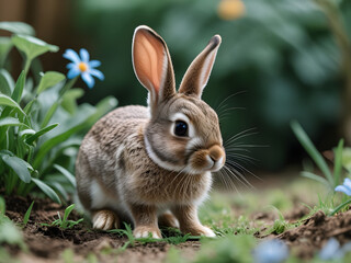 A rabbit in a vibrant garden surrounded by colorful flowers