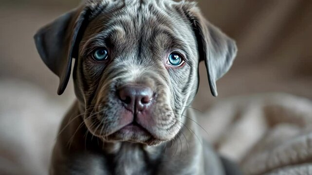 A close-up of a cute cane corso puppy with blue eyes and a unique coat pattern, evoking warmth and affection.