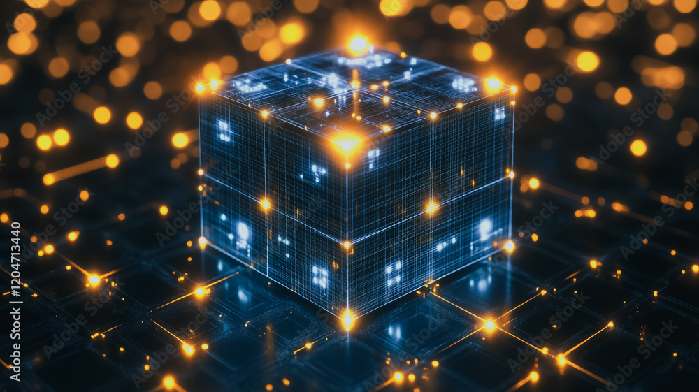 Poster cybernetic cube: a futuristic, glowing cube, pulsating with energy, sits on a reflective surface, re