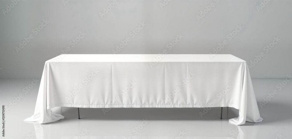 Poster blank white tablecloth drapes over rectangular black table. empty space for displaying items designs