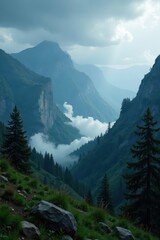 Stormy weather in Northcliffe mountains with fog, stormy weather, rugged terrain, trees