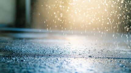 Rain Drops Falling on Wet Pavement Surface