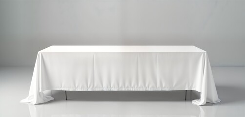 Blank white tablecloth drapes over rectangular black table. Empty space for displaying items designs. Versatile backdrop for product photography, commercial advertising. Ideal for exhibitions,