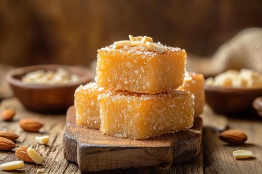 Almond topped Arabic dessert Basbousa Hareesa on wooden surface