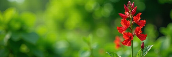 Obraz premium Tall red flowers of Lychnis chalcedonica bloom against a green leafy background, landscape, nature