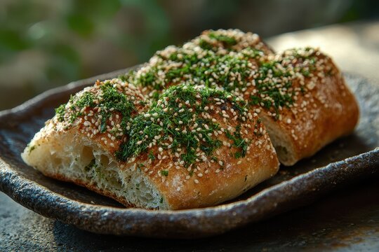 An Arabian snack of flatbread topped with thyme and sesame herb blend