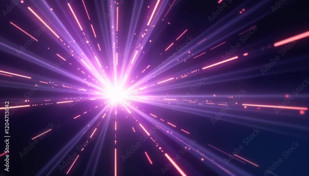Poster abstract vibrant digital illustration. bright white light radiates from center. purple streaks, line