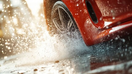 Red Car Splashing Through Water Puddle on Road