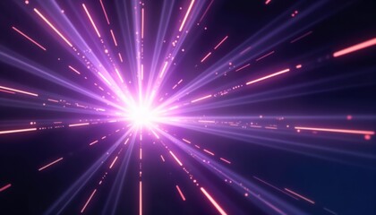 Abstract vibrant digital illustration. Bright white light radiates from center. Purple streaks, lines diverge outward creating dynamic motion effect. Abstract design with strong colors. Modern