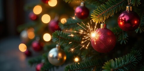 Obraz premium Twinkling sparkler nestled among festive Christmas tree ornaments, Ornaments, Cozy Atmosphere