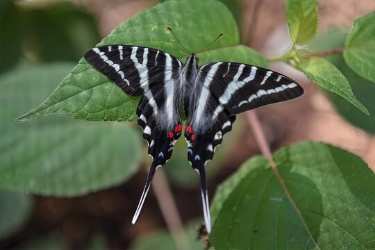 Zebra swallowtail butterfly on a leaf, showcasing detailed wing patterns, suitable for nature and wildlife themes.
